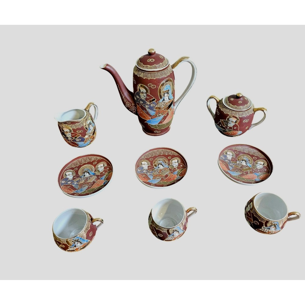 Hand Painted Tea Set Vintage Red Moriage Immortals Porcelain 9pc Set